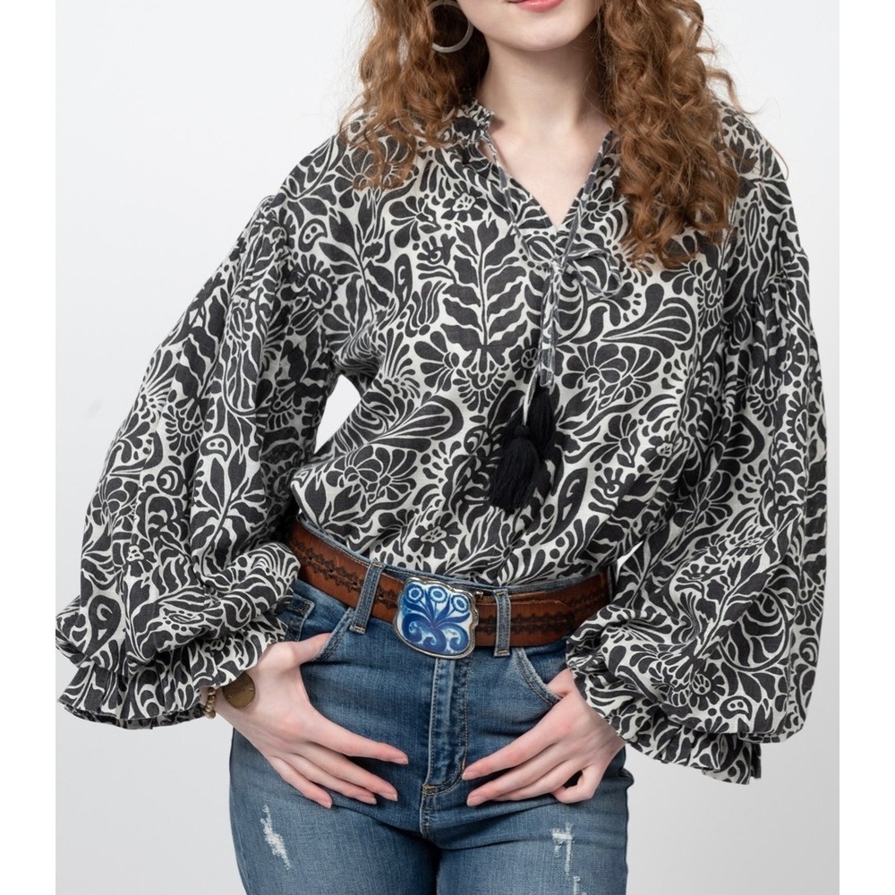 Ivy Jane Balloon Sleeve‎ Floral Paisley Print Top Tassels Womens XS Black White